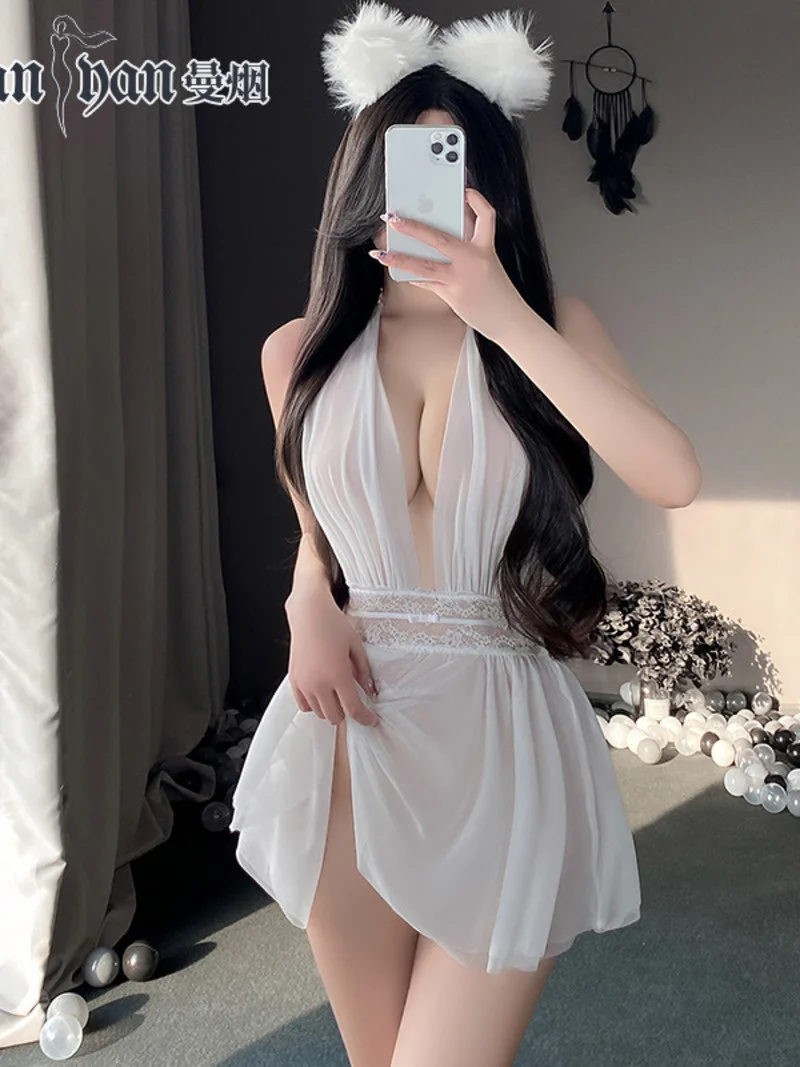 

Thin Women's Summer Sexy Strap Hanging Neck Deep V-neck Open Back Lace Waist Perspective Double Layer Soft Yarn Mini Dress 9864