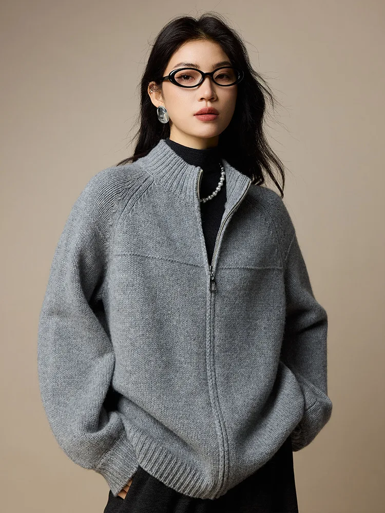 Birdtree, 100% schapenwollen vest, dames gebreide opstaande kraag tops, rits body fit trui, 2025 herfst winterjas, grijs T5N207JF