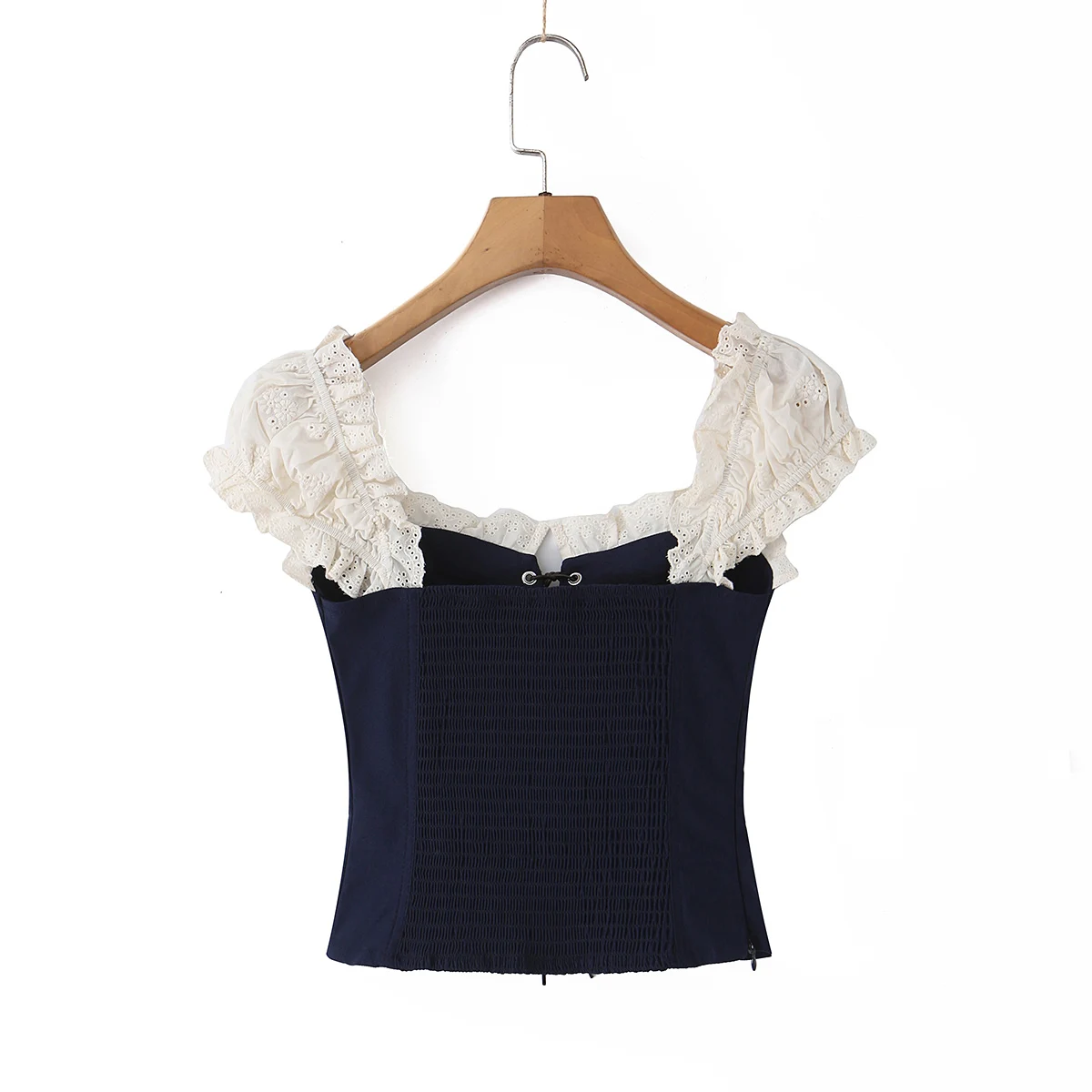 Sexy Navy Blue Spliced Beige Lace Bra Chest Tank Tops Women Cross Lacing Up Bandage Front Slim Short Sleeve Crop Tank Girl Tee