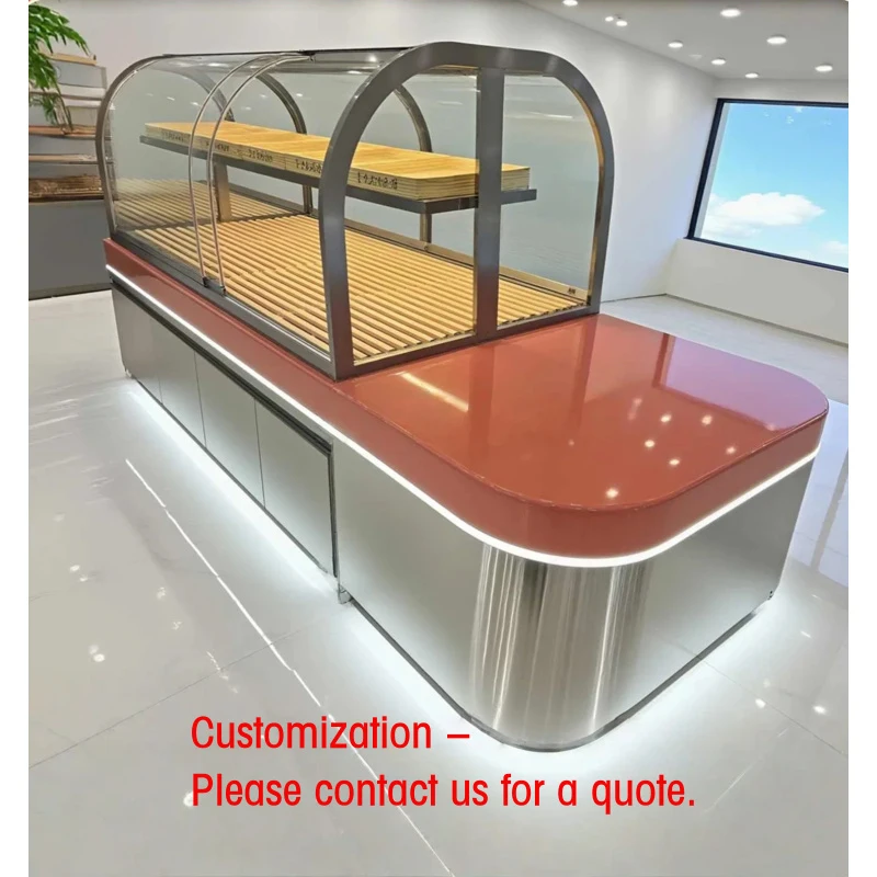 custom.Customizable Glass Wood Bread Display Stand with LED Lighting Varnished Heavy Duty Metal Frame Supermarket Ret