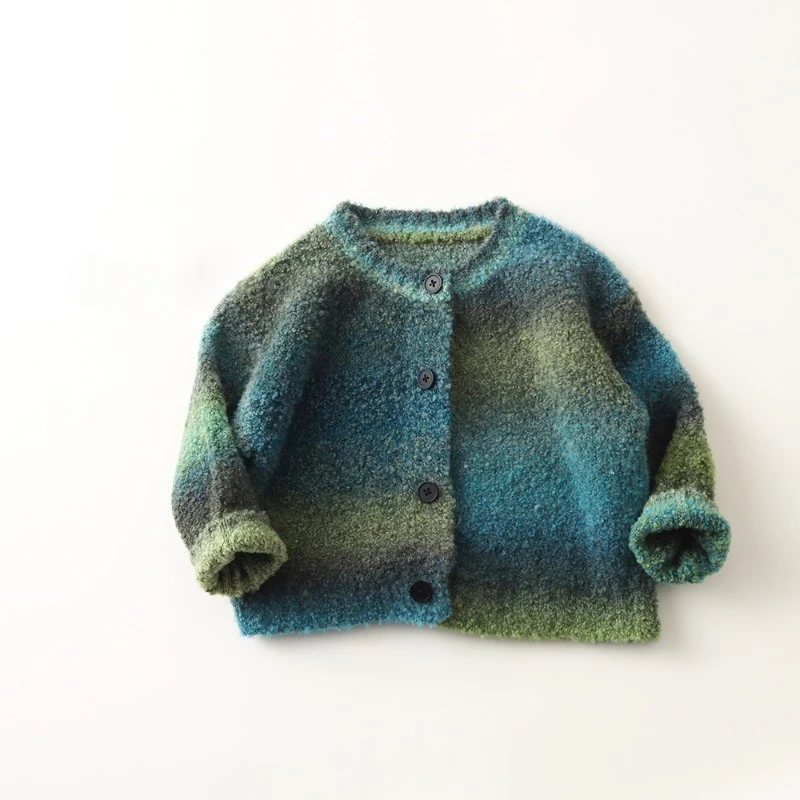 Kids Knit Cardigan Sweater, Special Yarn Mohair Gradient Color Children Knit Coat, Unisex Toddler Green Open Front Outwear