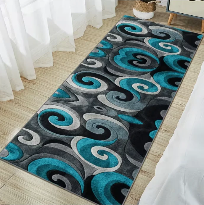 

Turquoise Black Swirl Runner Rug Non Slip Washable Long Hallway Carpet Modern Abstract Kitchen Bedroom Floor Mat