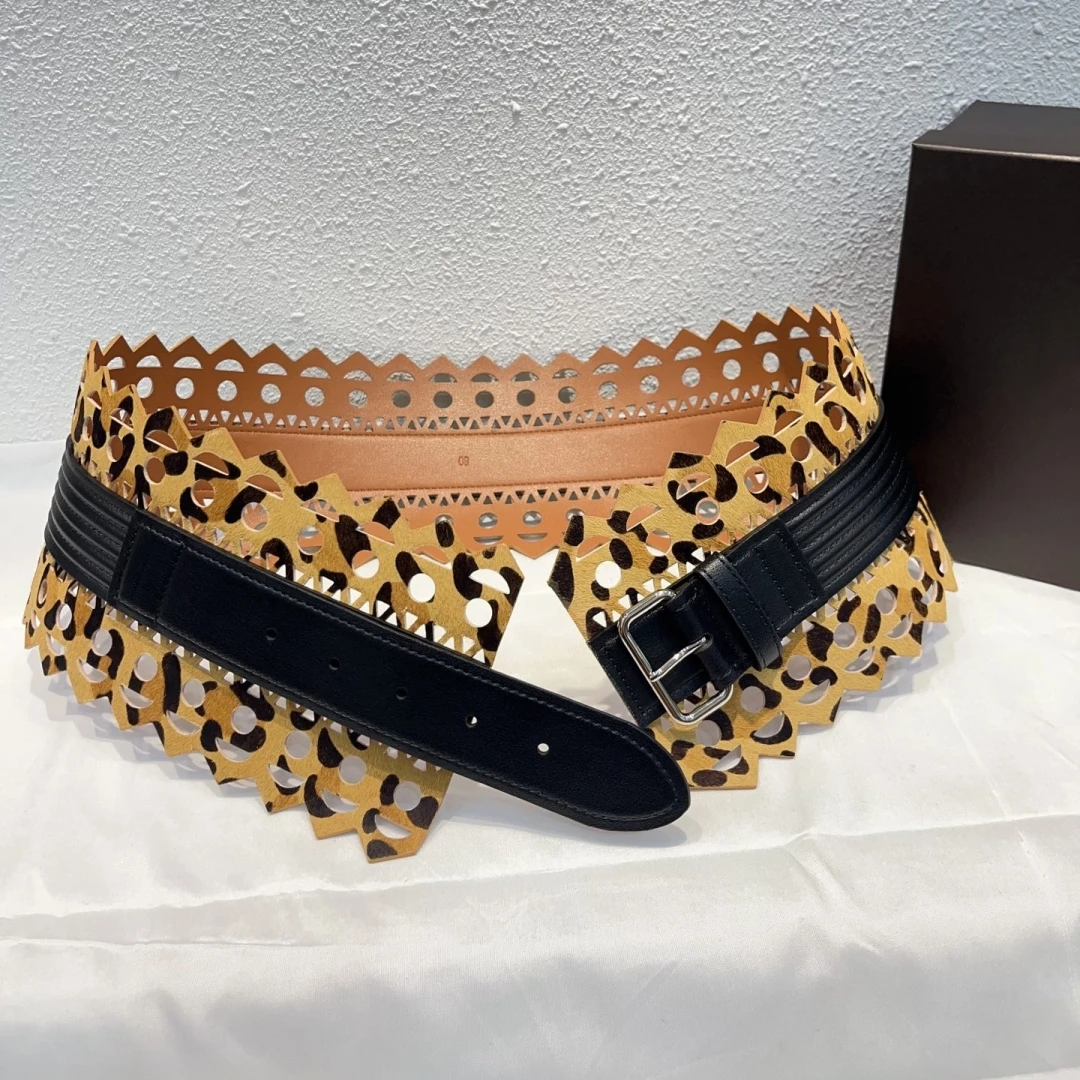 보헤미안 스타일 레이스 중공 허리띠 소 가죽 벨트 정품 가죽 여성 드레스 장식 와이드 레오파드 프린트 허리띠Cummerbunds