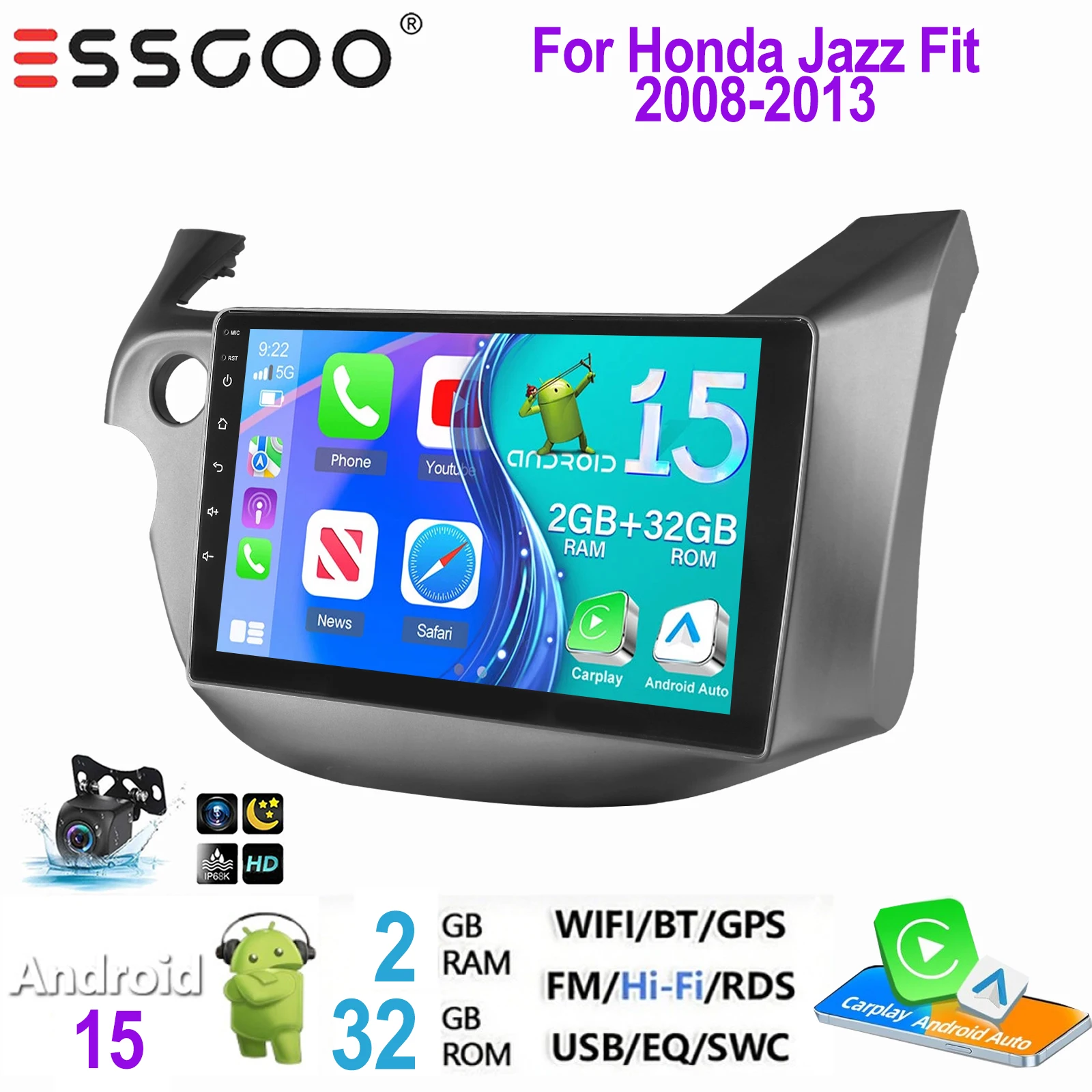 ESSGOO 2 DIN autoradio voor Honda Jazz Fit 2008-2013 Android 15 met draadloze Carplay, Android Auto, GPS, NAVI, WIFI, SWC, RDS, FM, ASP