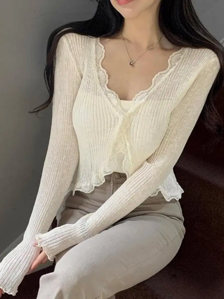 

French Vintage White Knit Tops Women Spring Summer Black Long Sleeve Fashion V-neck Sun Protection Cardigan Patchwork Lace Coat