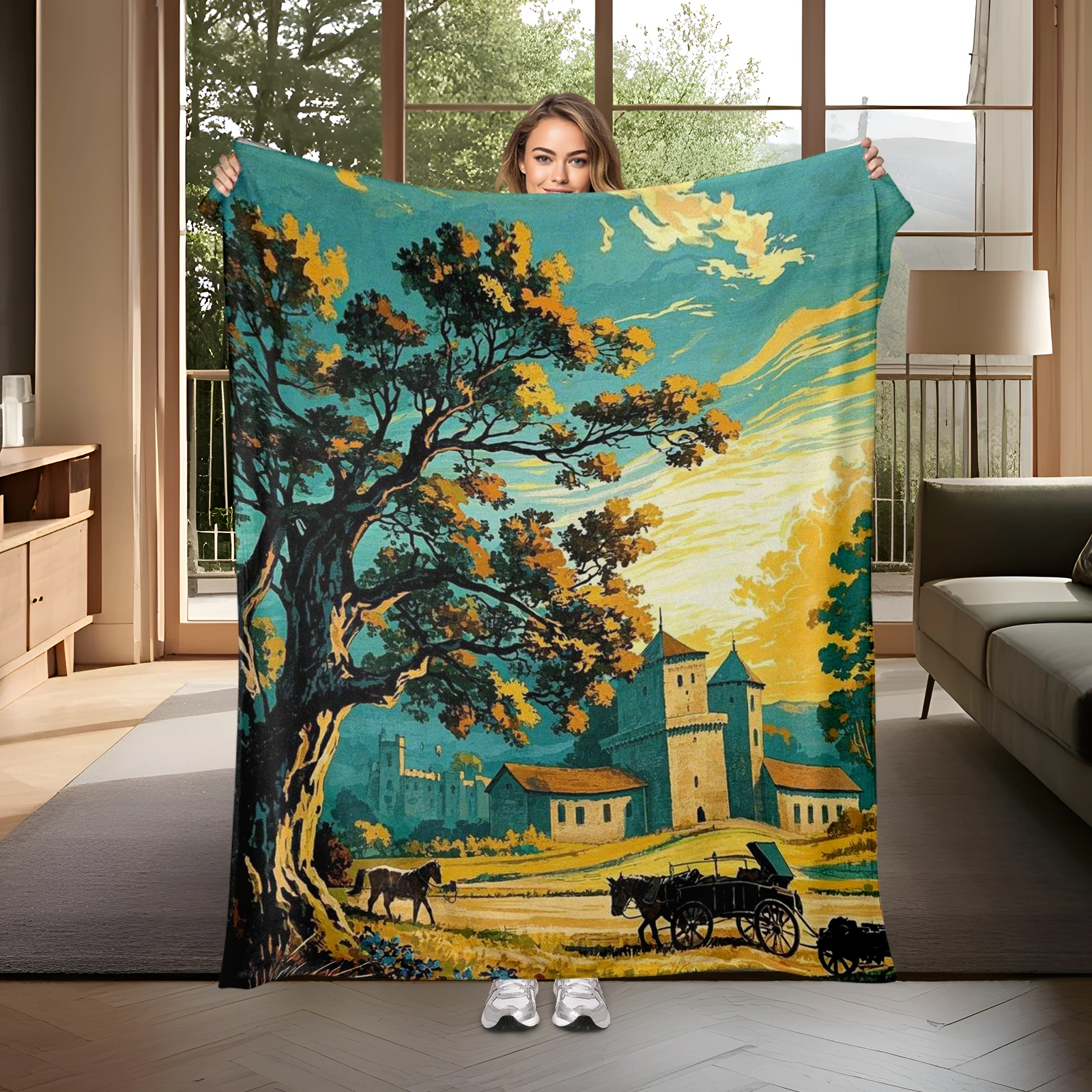 Cartoon Carriage Castle Oak Tree Blanket Offers Comfort And Style Making It A Great Gift For Family