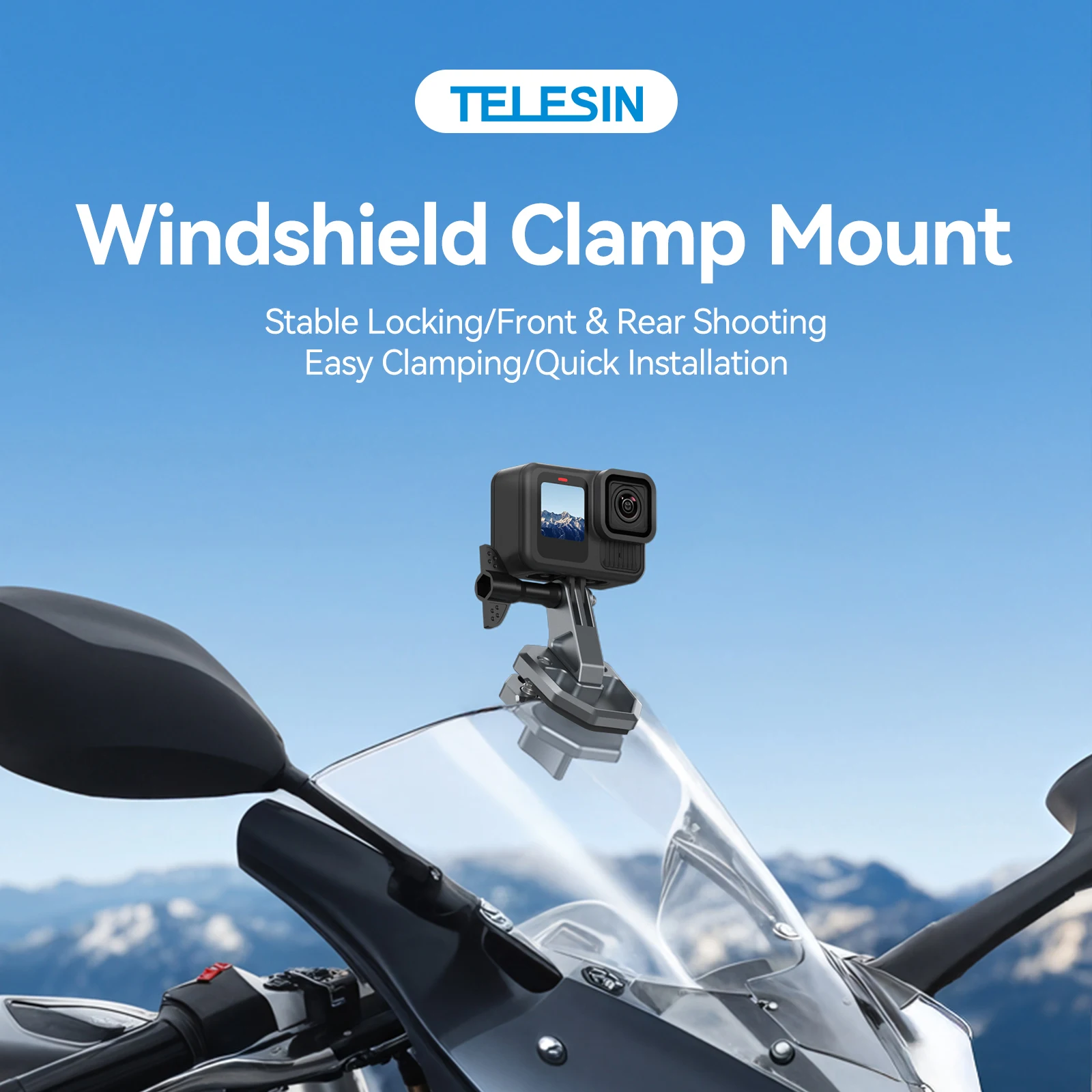 TELESIN Action Camera Motorcycle Windshield Clamp Mount Holder For Gopro Insta360 DJI Action Camera Accessories POV Shoot