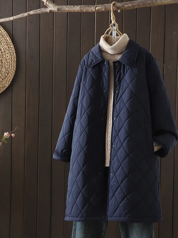 ملابس خارجية نسائية كورية فنية من القطن Jaet بياقة مربعة مرقعة بنمط ماسي ملابس خارجية متوسطة الطول #1