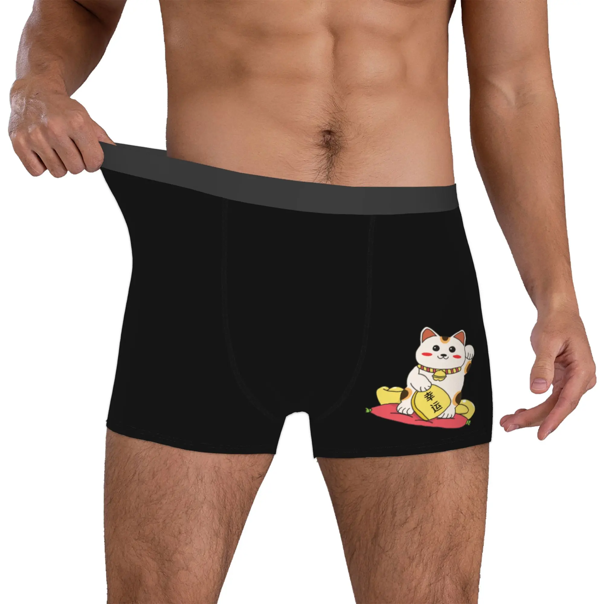 Custom Kawaii Maneki Neko Waving Underwear Men Print Japanese Luck Cat Boxer Briefs Shorts Panties Breathable Underpants