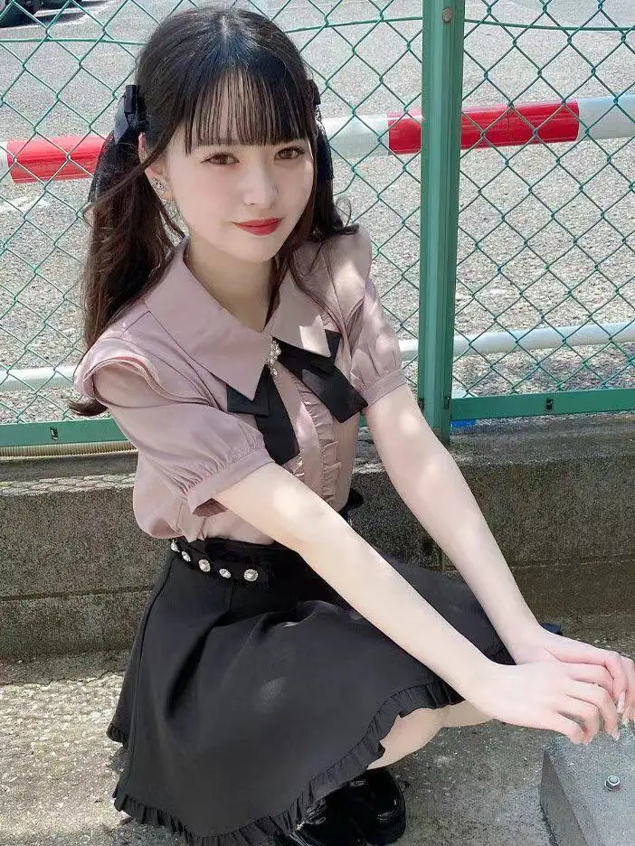 

Original Japanese Sle Pink Purple Color Blouse with Fly Sve And Lace Hem Trrow Who Is My Girlfriend irt