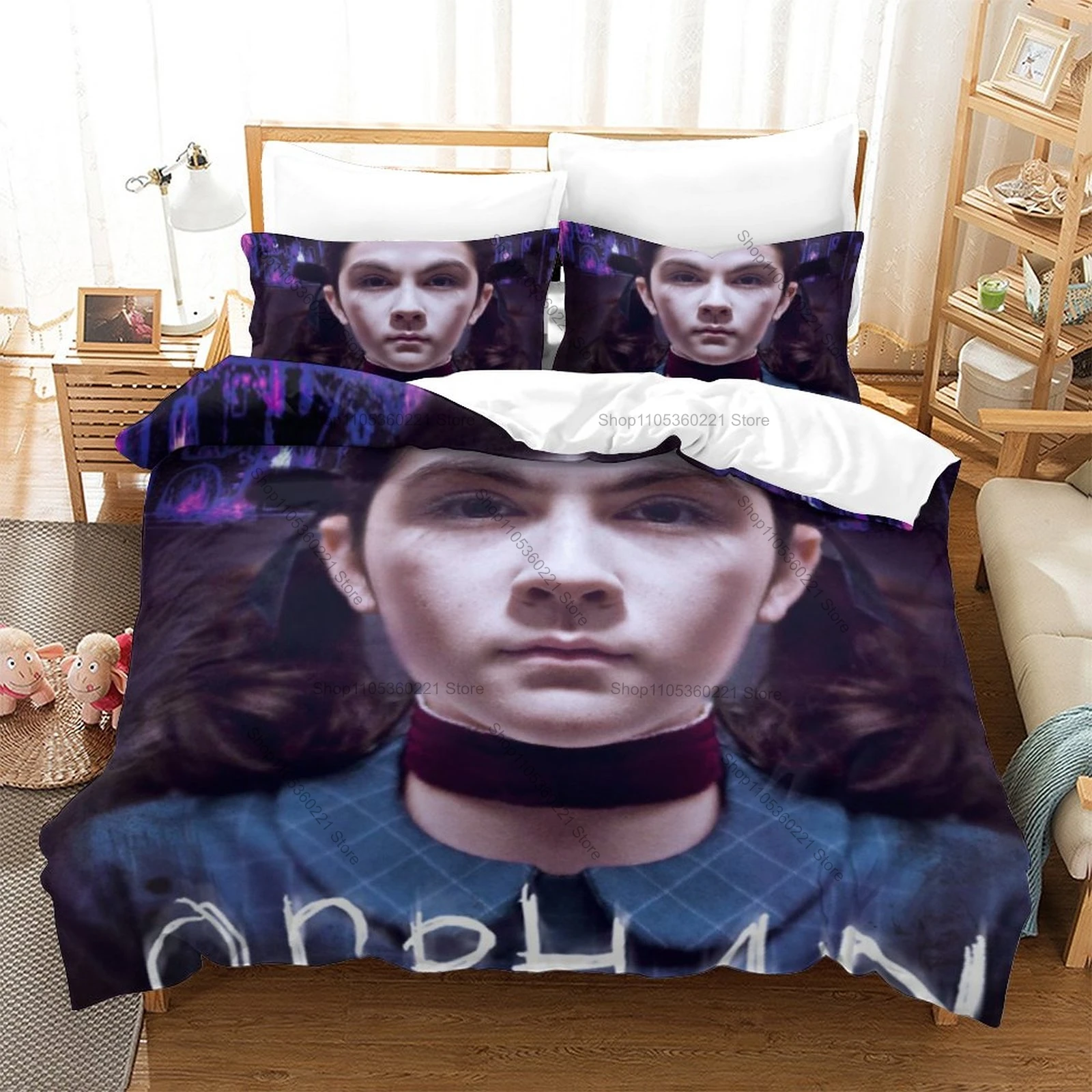 Popular Thriller Orphan: First Kill Duvet Cover + 2 Pillowcases Scary Character Design Bedding Set All Season Use Horror Lovers