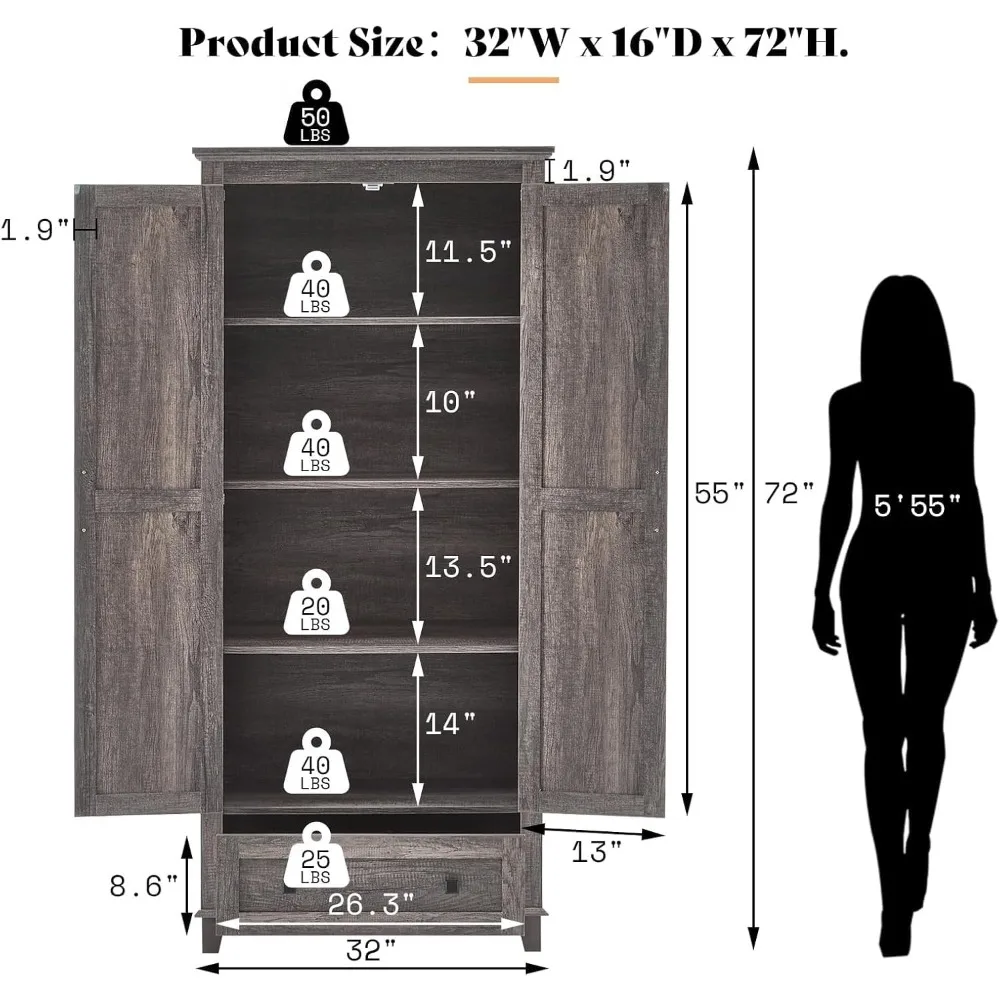 2 Pcs Farmhouse Kitchen Pantry Cabinet, 72