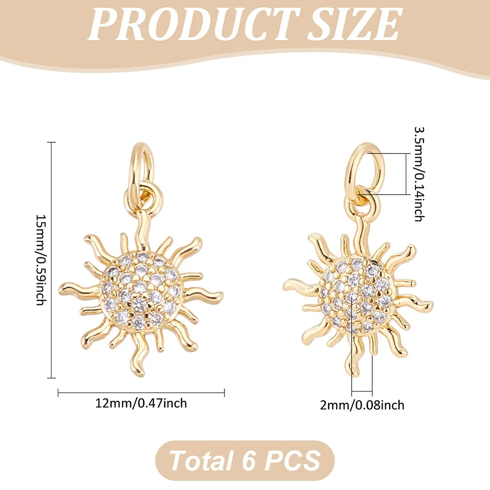 1set 6pcs Brass Micro Pave Cubic Zirconia Pendants with Jump Ring Long-Lasting  Sun     15x12x2mm Hole: 3.5mm