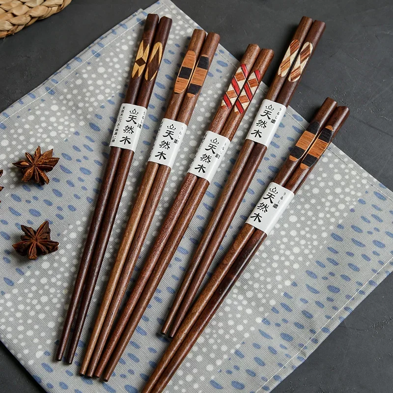 

5 Pairs Patchwork Walnut Wooden Chopsticks Sushi Sticks Chinese Korean Japanese Food Chop Stick Set Restaurant Kitchen Tableware