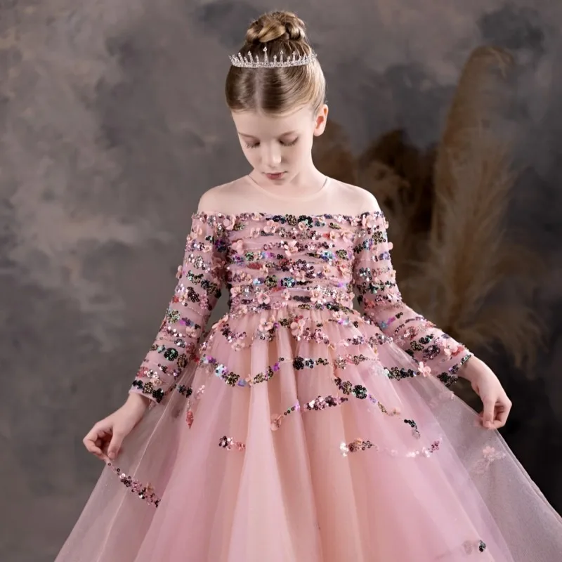 Jill Wish Luxury Coral Flower Girl Dresses Beading Sequined Princess Cute Gown for Kids Wedding Birthday Party Pageant J125