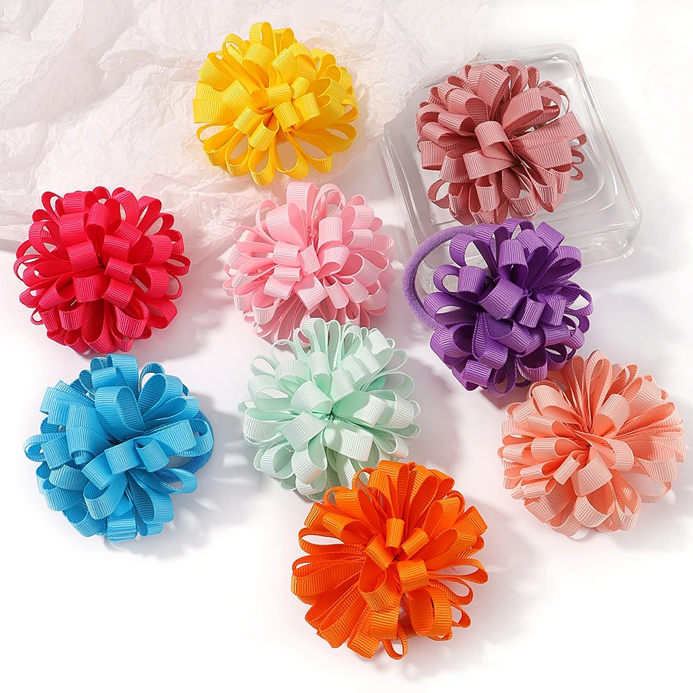 2Pcs Girl Elastics Hair Band Big Grosgrain Ribbon Flower Ball Hairrope Pretty Festival  Dress Up Hair Tie Accessories 20Color