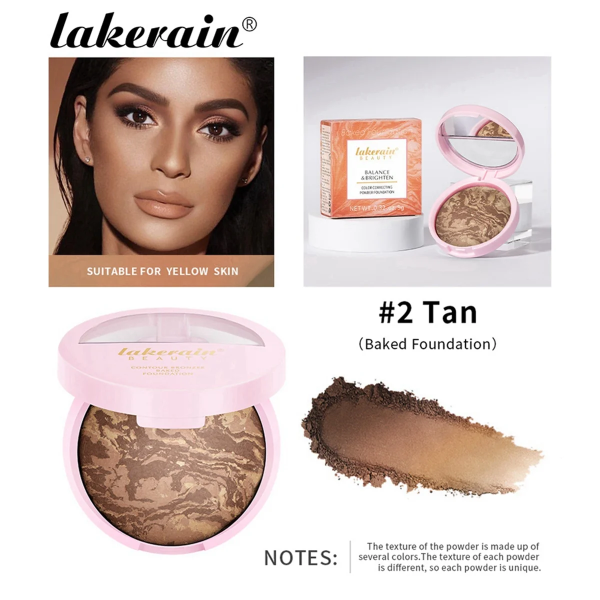A71P Baked Brighten Foundation, Oil Control Color Correcting Balance Foundation Natural Matte Powder Foundation 2 Tan