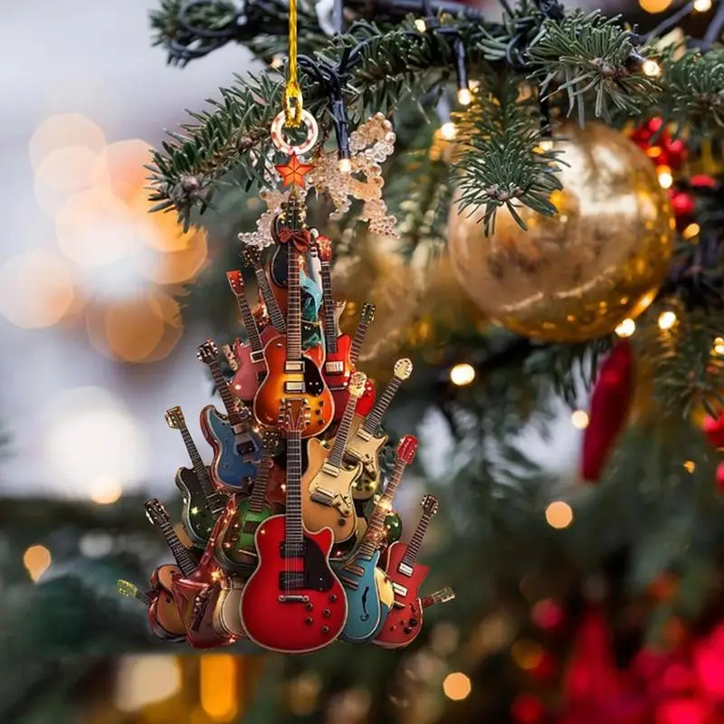 Christmas Decorations Pendant For The Home Rock Guitar Christmas Tree Decoration 2D Flat Stacked Guitar Car Hanging 2024 Xmas