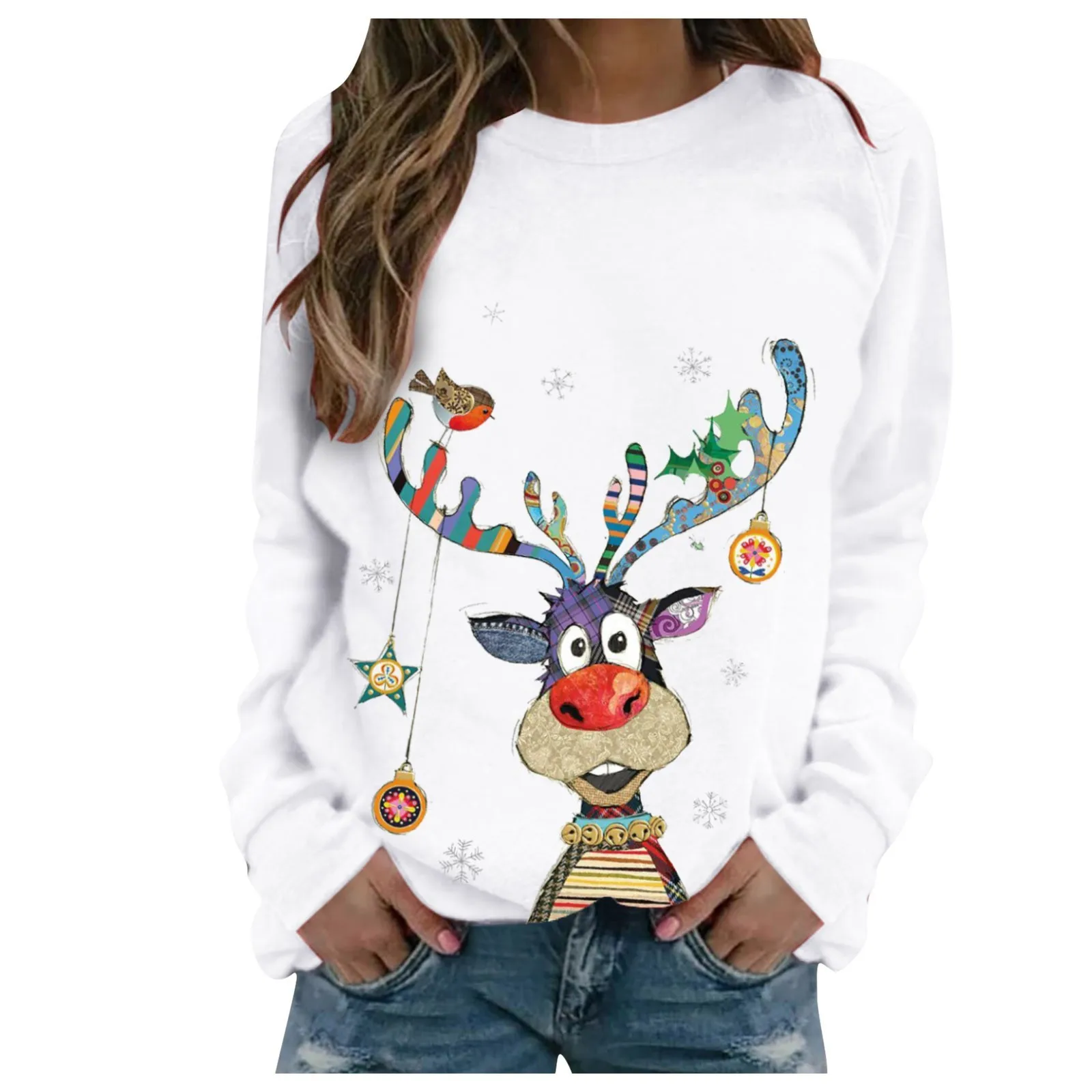 Women\'s Christmas Sweatshirts Autumn and Winter Fashion Leisure Print O-Neck Long Sleeve Pullover Top Shirts