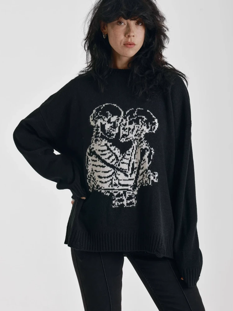 Women Gothic Skeleton Figure Jacquard Sweaters Oversized Round Neck Long Sleeve Distressed Black Knit Pullover Streetwear Jumper