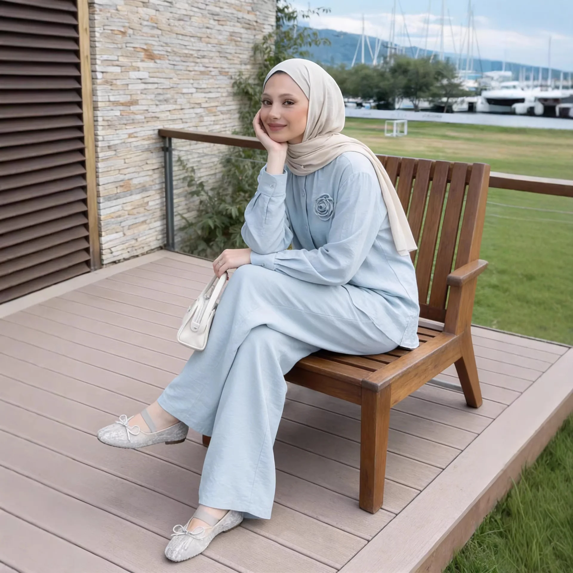 Eid Women Button Shirt Top 2 Piece Set Lace-up Wide Leg Pant Muslim Blouse Jalabiya Ramadan Dubai Musulman Ensembles Arab Long 2