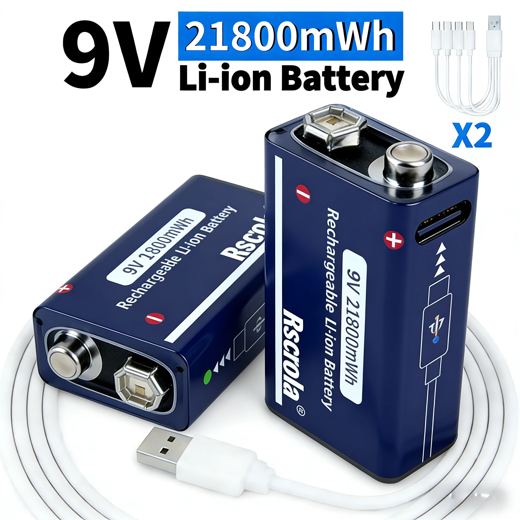 

Long-Lasting 9V 21800mWh Rechargeable Lithium Battery for Guitar Mic Smoke Detector with Cable