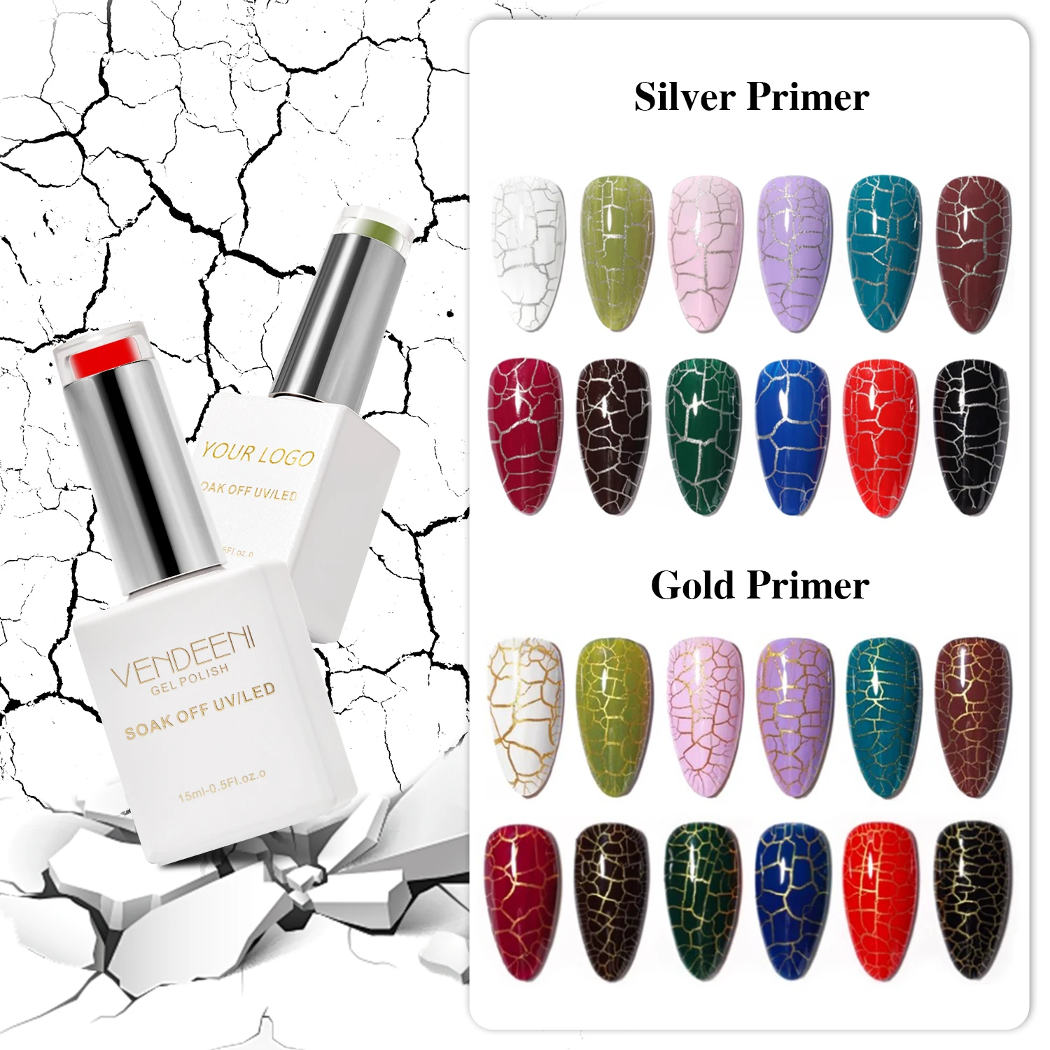 VENDEENI TPO HEMA Free 12 Colors Crack Effect Crackle Gel Polish Nail Uv Led Cracking Gel with Sliver and Golden Primer Effect