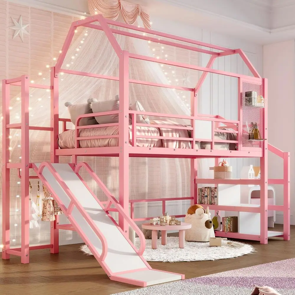 

Full Size Bed with Storage Stairs and Open Wardrobe, Heavy Duty, Suitable for Kids, Available in Pink