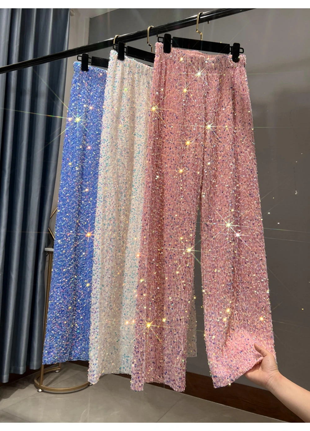 2023 Autumn/Winter New Thickened Suede Sequins Straight Tube Wide Leg Extended Women's Pants