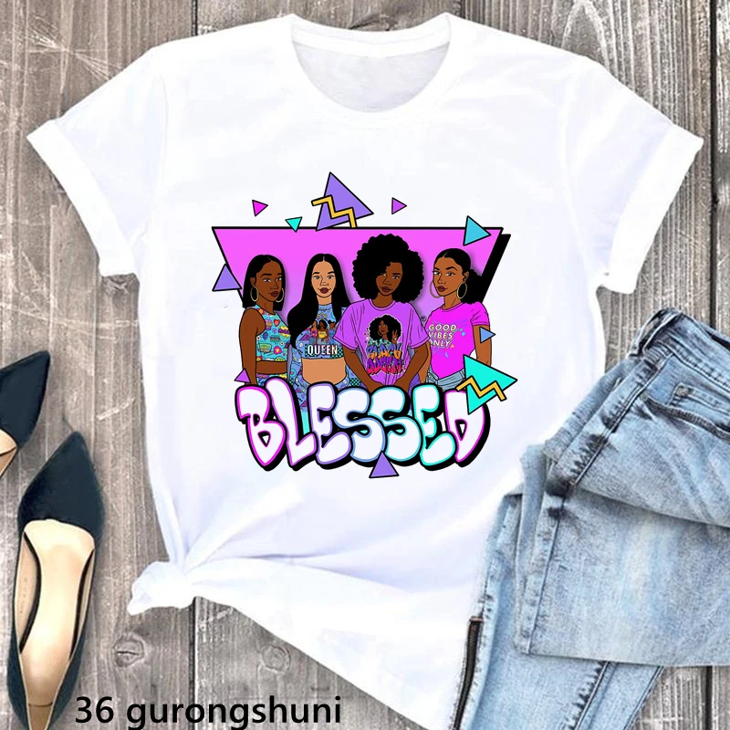 Funny Tshirt Women Fashion Blessed Melanin Queen Good Vibes T-Shirt Femme Fashion Black Girls Makeup T Shirt Female Streetwear