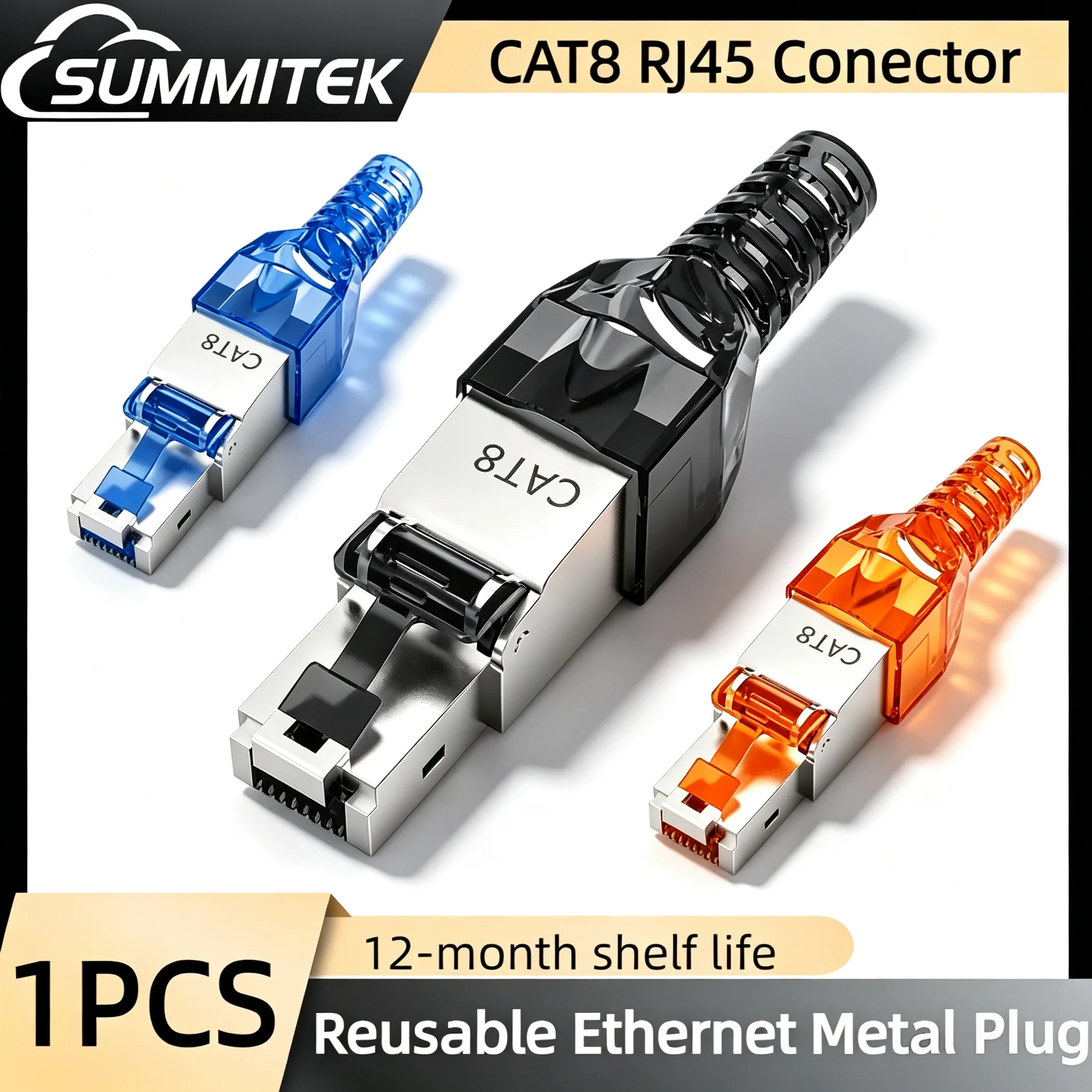SUMMITEK RJ45 Cat8 Connector Tool-Free Toolless RJ45 8P8C Crimp Termination Plug Reusable Shielded for Ethernet