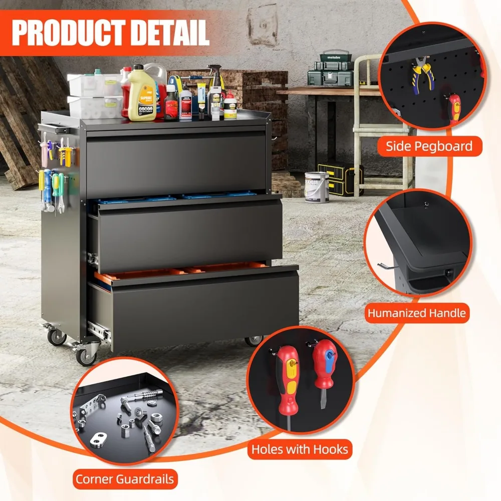 Cómoda de herramientas de metal con ruedas y 3 cajones para almacenamiento, requerida ensamblada, organizador de gabinete de garaje