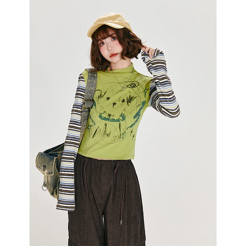 تي شيرت هاراجوكو مخطط للسيدات تي شيرت عتيق مطبوع عليه قطع علوية قصيرة للخريف Y2K الجرونج بأكمام طويلة تصميم نحيف تي شيرت جديد #5