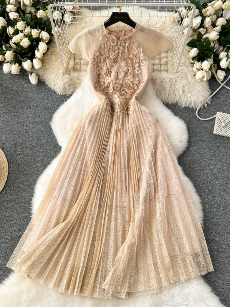 

Women Elegant Vintage Embroidery High Waist Slim Midi Pleat Dress Summer Round Neck Fly Sleeves Folded Party Vacation Robe