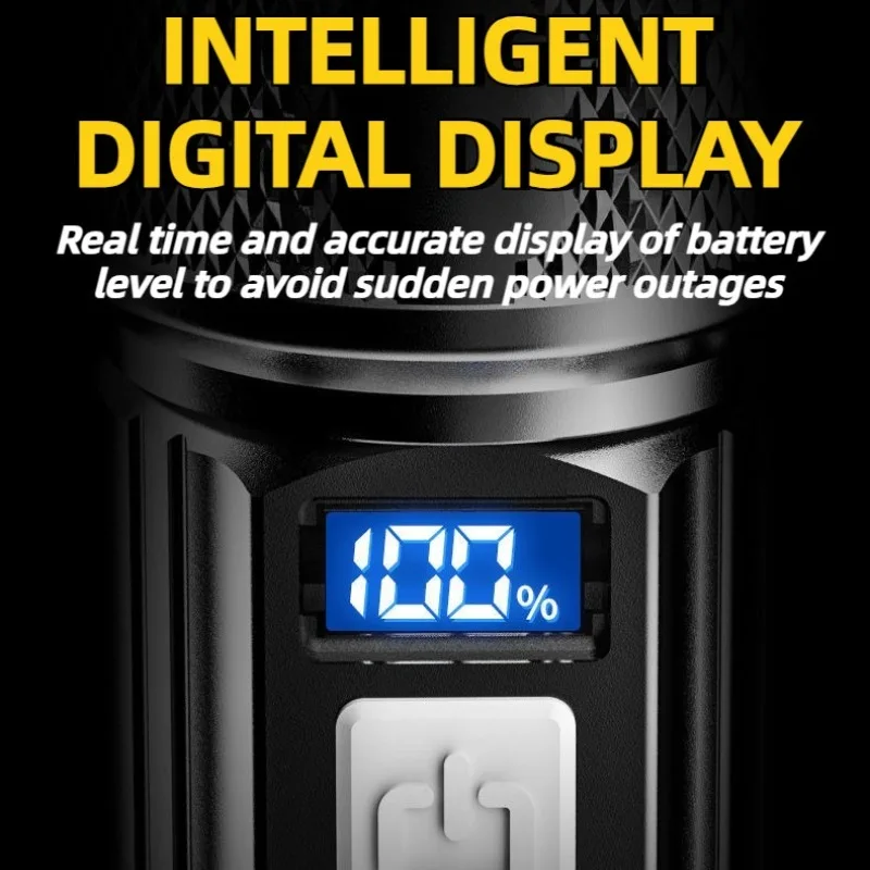 Powerful White Light Flashlight Zoom Type-C Charging Digital Display Built-in Battery Torch Emergency Light for Outdoor Camping