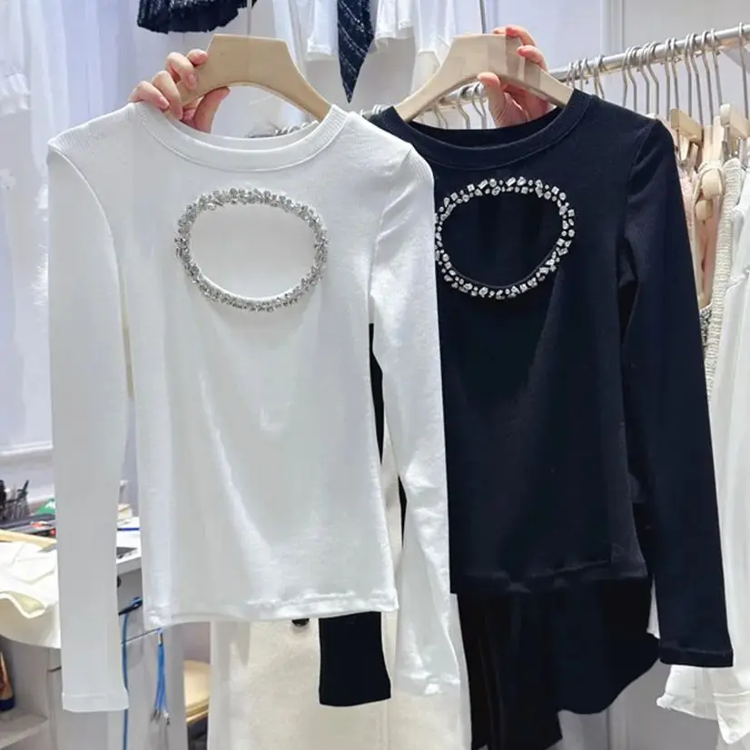 

2024 Spring New Female O Neck Long Sleeve Sexy Fashion Diamond Hollow out T-shirt Slim Blouse Tops for Women Y4815