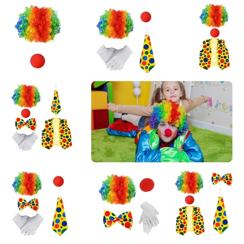 Adult Clown Cosplay Costume Set for Halloween Carnivals Party Include Rainbow Bowtie Gloves and Colorful Accessories