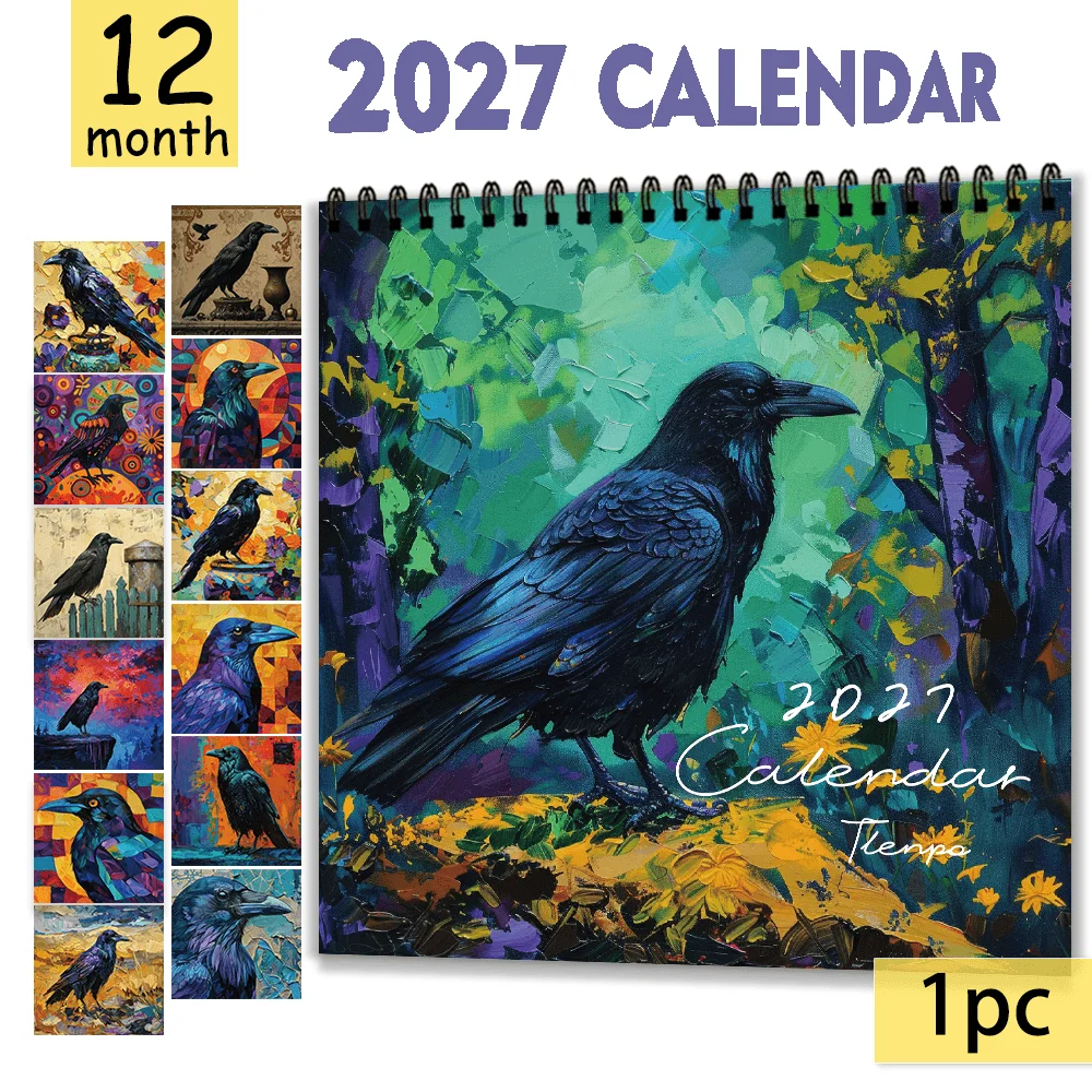 1pc 2027 Oil Painting Raven Wall Calendar,12‑Month Planner,Gift For Back‑to‑School,Christmas,New Year,Free Stickers Included