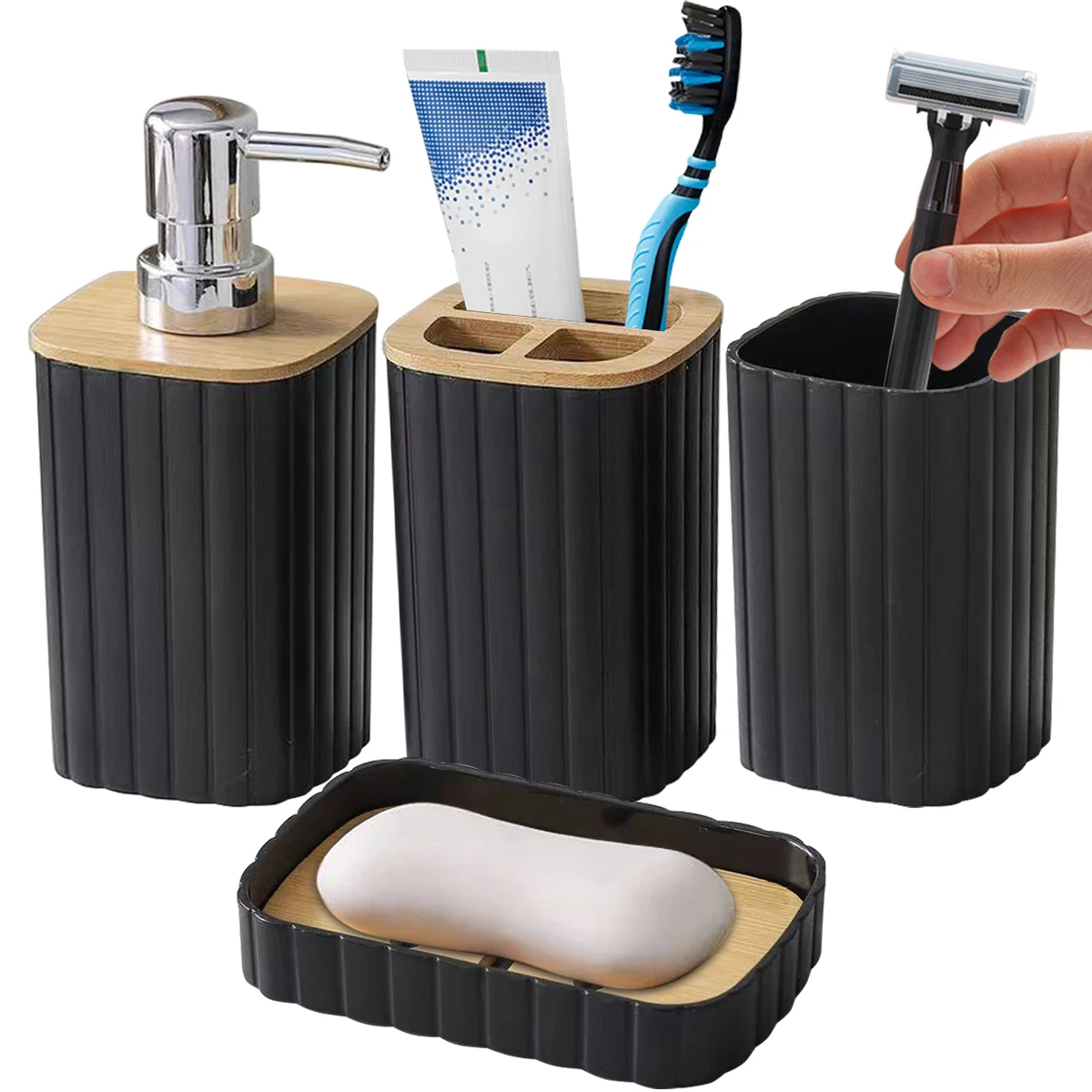 4Pcs Bathroom Set Hand Soap Dispenser Toothbrush Cup and Soap Holder Set Countertop Liquid Soap Container Farmhouse Decor