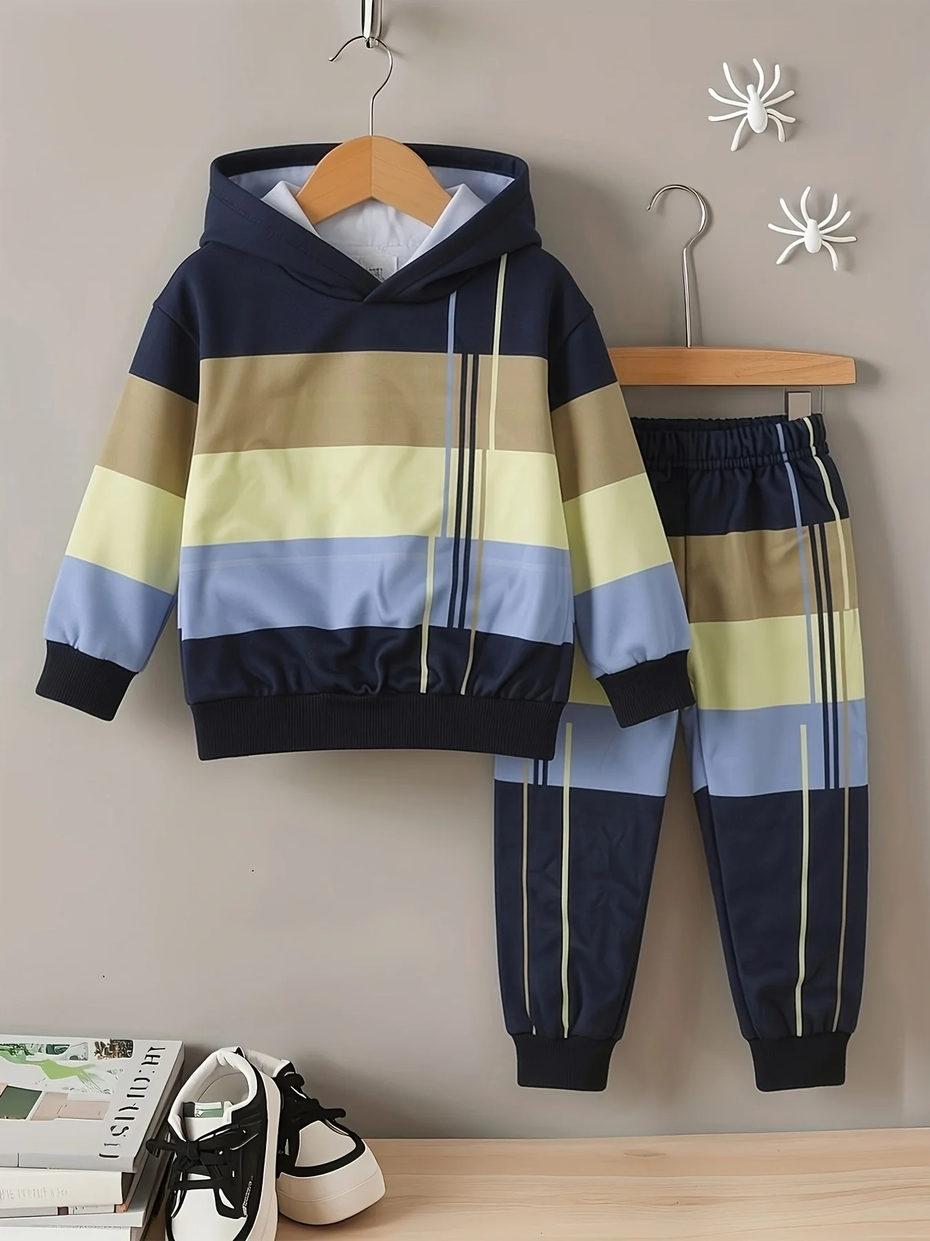 Kids Toddler Boys Color Block Striped Hoodie 2Pcs Set Long Sleeve Jogger Pants Autumn Tracksuit Outfit