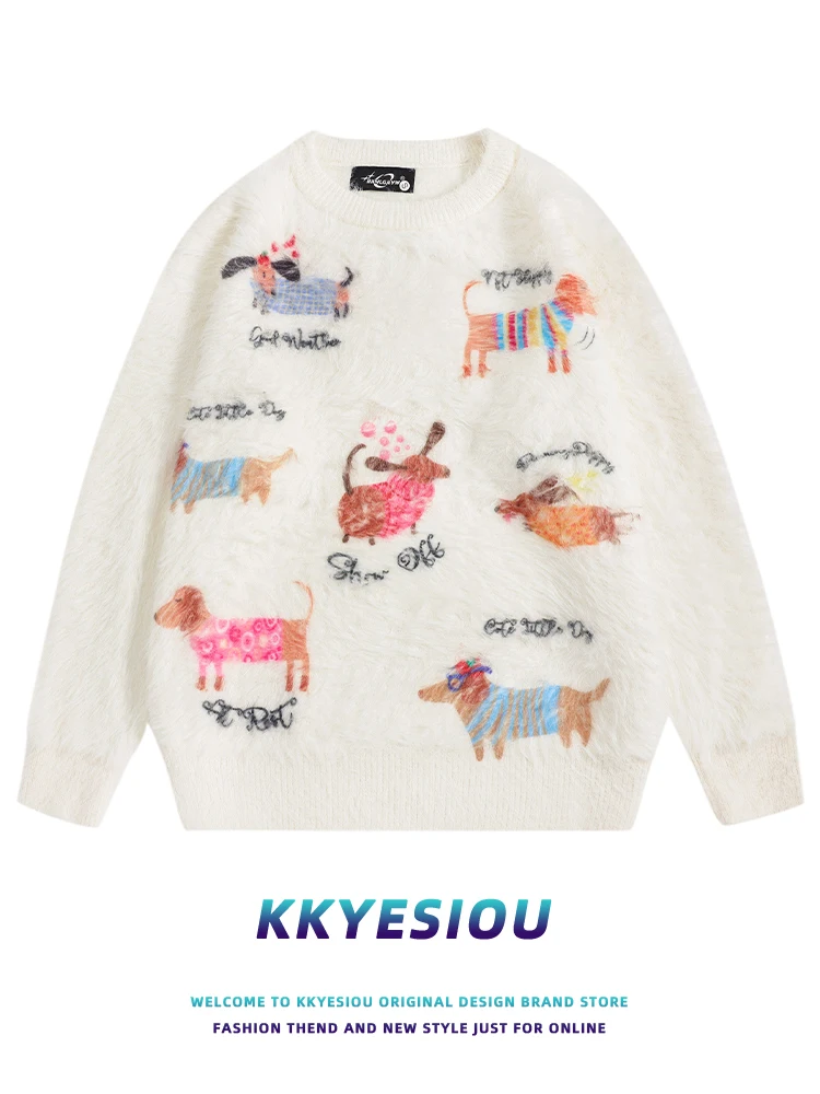 

Американский ретро-свитер с мультяшным принтом собаки, вязаный, унисекс, в университетском стиле, универсальный, в японском стиле, с длинным рукавом, круглый вырез горловины