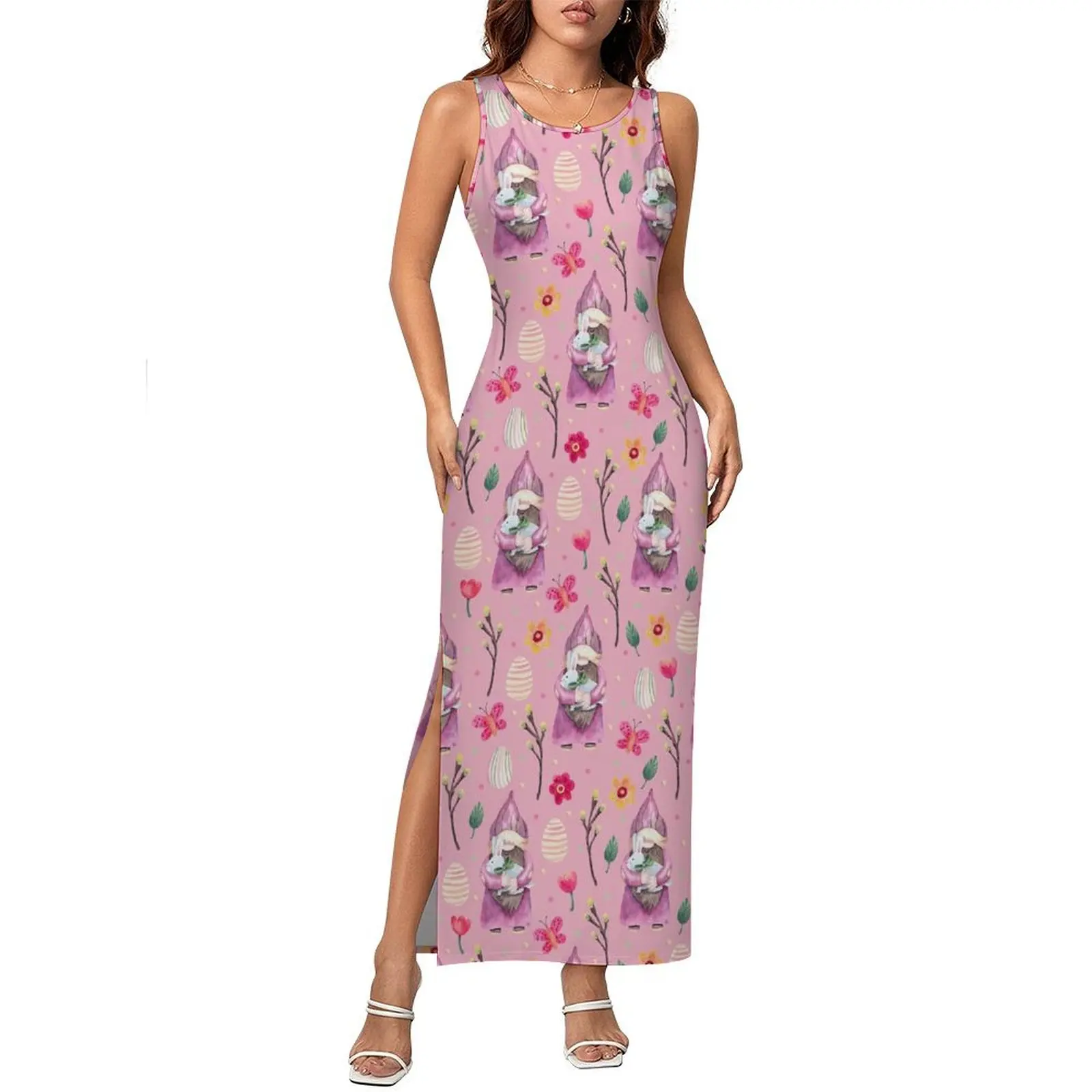 Senhoras bodycon vestido elegante rosa dia de páscoa maxi vestidos férias bonito coelho impressão sem mangas moda vestido gráfico tamanho grande