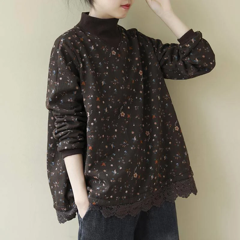 Women Winter Fall Turtleneck Print Sweatshirt Vintage Temperament Patchwork Casual Long Sleeve Loose All-Match Female Pullover