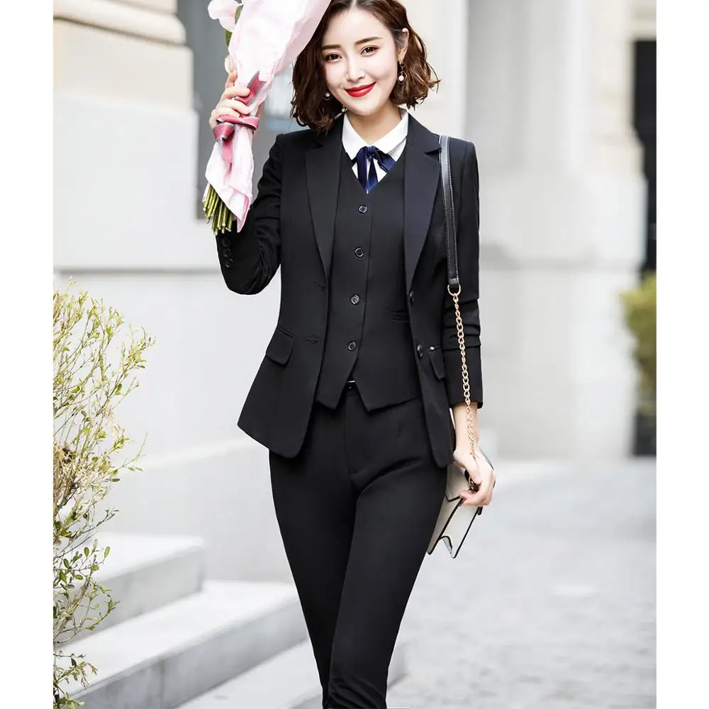 Women 3 Pieces Pants Sets  Stripe Vest Blazer Jacket Pant Suit Office Lady Formal Business Work Career Wear Clothes BlueS-5XL