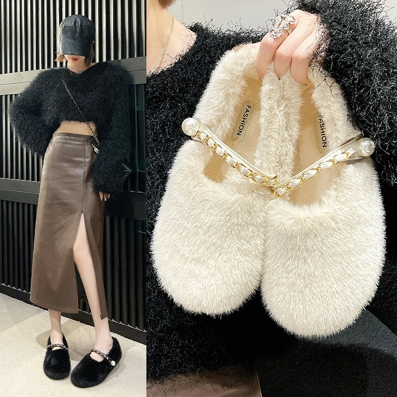 Women's Winter Warm Fluffy Hairy Pearl metal chain decoration Boots Plush Comfortable Soft Soled buckle strap Cotton Flats Shoes