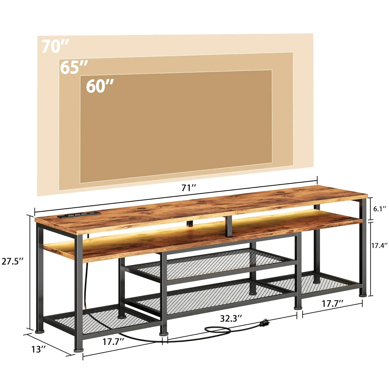 71 Inch TV Stand with Power Outlets & LED Lights, 4 Tiers Shelves, 3 AC & 2 USB, for 75/80 Inch TV, Living Room, Customized