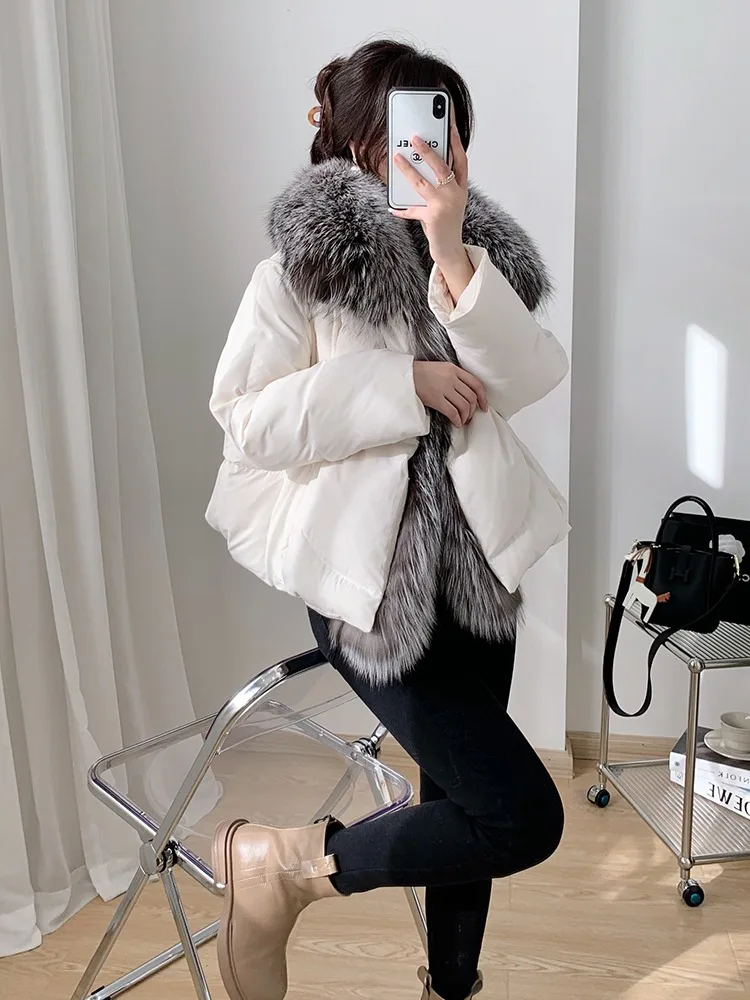 2024 New Winter Women Real Fox Fur Collar Thick Warm Puffer Coat Down Jacket Luxury Outwear Female Loose Parkas