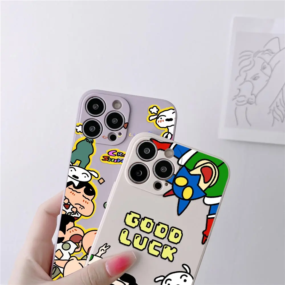 Crayons Boy Shin-chans Phone Case For iPhone 15 14 13 12 11 Pro Max Mini 7 8 14 15 Plus SE 2020 Cases Liquid Silicone Back Cover image 3