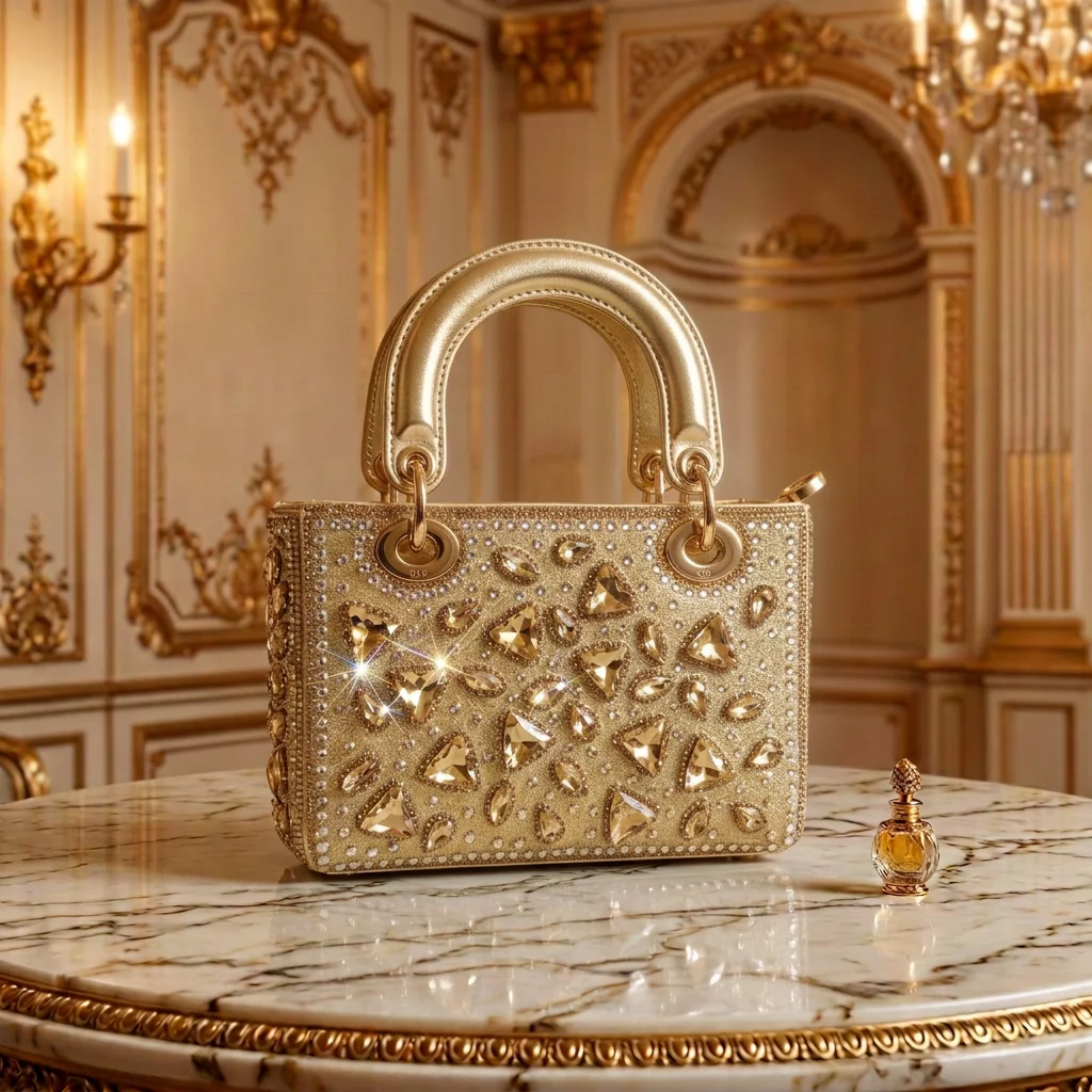 Luxury Women Top Handle Bag Crystal Embellished Evening Clutch Purse Champagne Gold Party Wedding Handbag Bridal Shoulder Bag