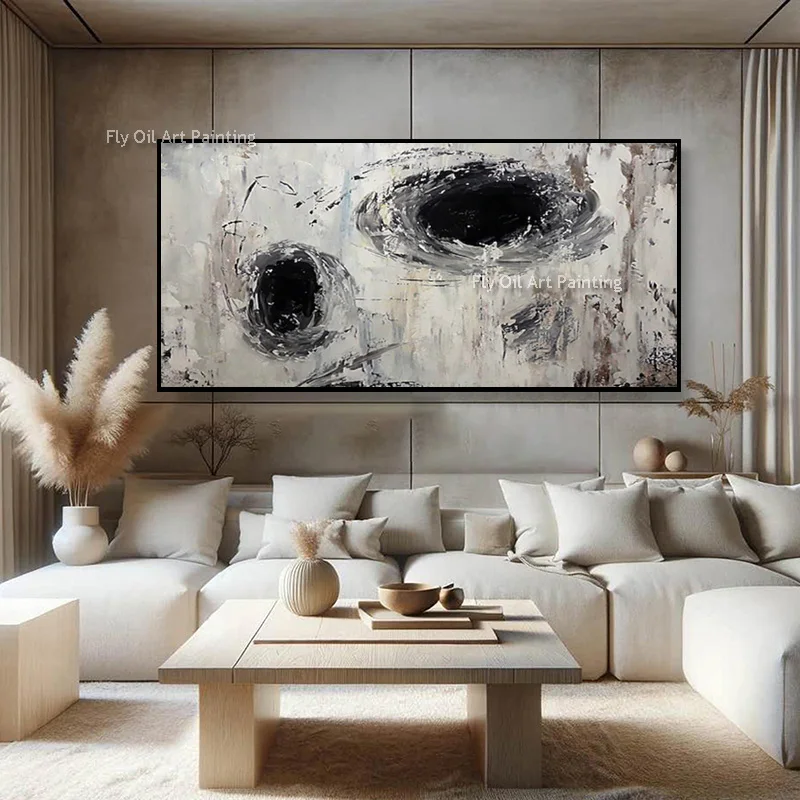 Original Handmade Swirl Abstract Oil Painting Neutral Simple Beige Black Thick Texture Canvas Art Modern Wabi Sabi Wall Decor